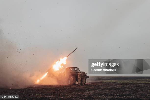 Targets are hit by grad rockets of Grad Rocket Company of the Ukrainian Military Forces in Donetsk, Ukraine as Russia-Ukraine war continues on...