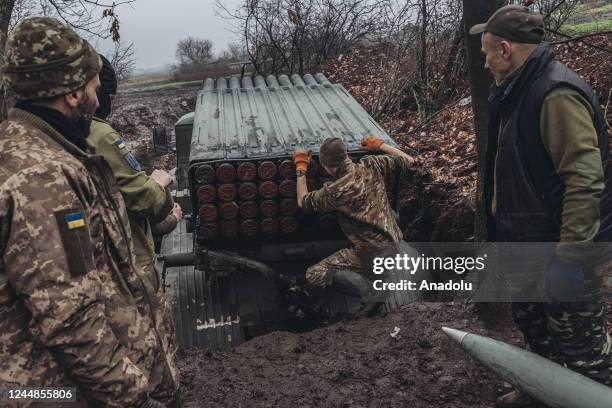 Ukrainian soldiers recharge a grad missile vehicle in Donetsk Oblast, Ukraine as Russia-Ukraine war continues on November 17, 2022.