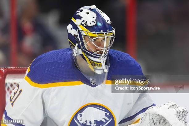 Buffalo Sabres Goalie Eric Comrie before a face-off during second period National Hockey League action between the Buffalo Sabres and Ottawa Senators...
