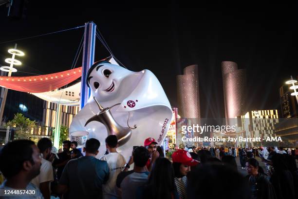 November: A giant model of the FIFA World Cup Qatar 2022 mascot La'eeb on Lusail Boulevard - a flying keffiyeh headdress, meaning super skilful...