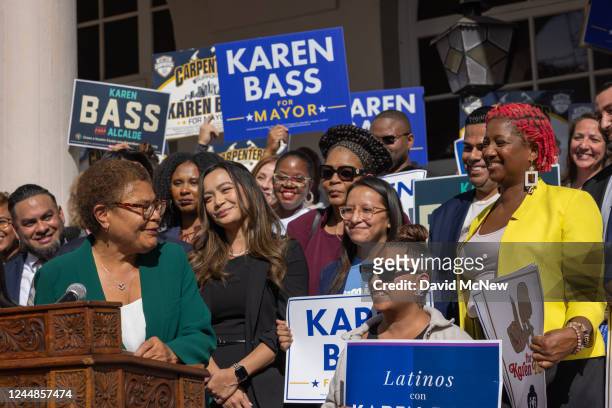 Los Angeles Mayor-elect Karen Bass turns to supporters during a news conference after her L.A. Mayoral election win on November 17, 2022 in Los...