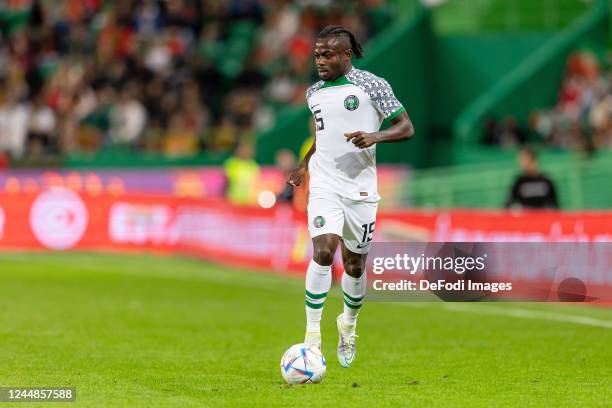 Moses Simon of Nigeria controls the ball during the friendly match between Portugal and Nigeria at Estadio Jose Alvalade on November 17, 2022 in...