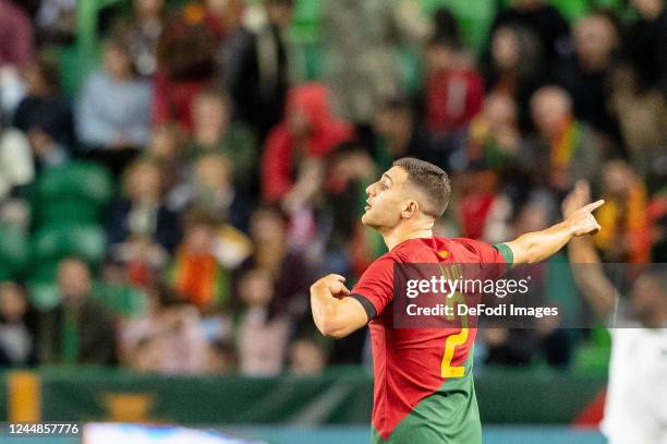 Diogo Dalot of Portugal gestures during the friendly match between Portugal and Nigeria at Estadio Jose Alvalade on November 17, 2022 in Lisbon,...