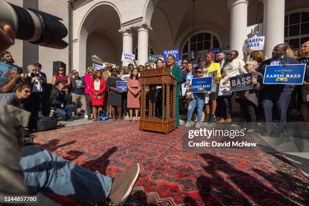 Los Angeles Mayor-elect Karen Bass addresses a news conference after her L.A. Mayoral election win on November 17, 2022 in Los Angeles, California....