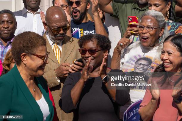Los Angeles Mayor-elect Karen Bass turns toward her supporters during a news conference after her L.A. Mayoral election win on November 17, 2022 in...