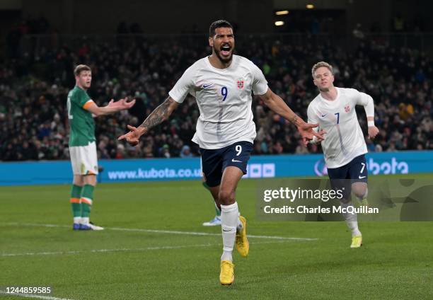 Ohi Omoijuanfo of Norway celebrates after scoring his sides second goal during the International Friendly match between Republic of Ireland and...