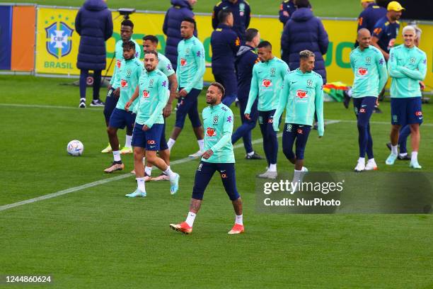 Neymar of the Brazil national football team trains at the Juventus Training Center in anticipation of leaving with the squad for Qatar where they...