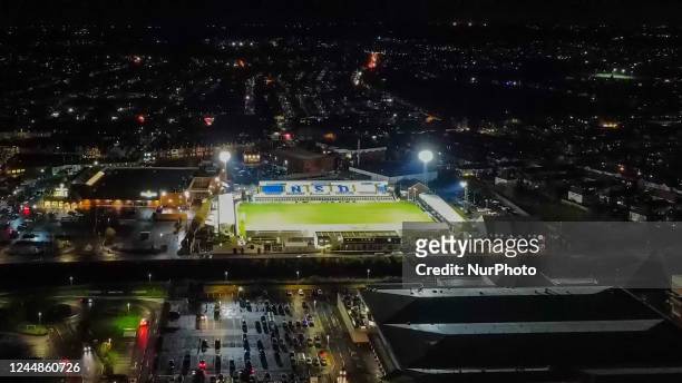 Birds eye view of the Suit Direct stadium before the FA Cup 1st Round replay between Hartlepool United and Solihull Moors at Victoria Park,...