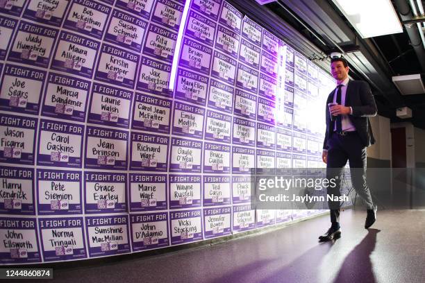 Brett Pesce of the Carolina Hurricanes arrives prior to the Hockey Fights Cancer NHL game against the Colorado Avalanche at PNC Arena on November 17,...
