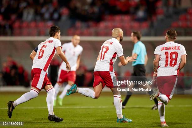 Maltas Teddy Teuma celebrates scoring from a penalty during the international soccer match between Malta and Greece at the National Stadium, Malta on...