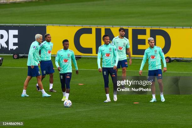 Pedro, Rodrygo, Vincius Jr, der Gabriel Militao, Lucas Paquet and Bruno Guimaraes of the Brazil national football team during the training session at...