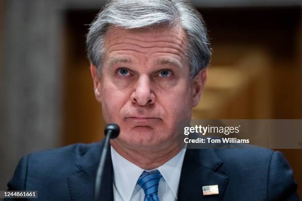 Director Chris Wray testifies during the Senate Homeland Security and Governmental Affairs Committee hearing titled Threats to the Homeland, in...