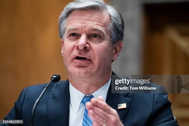 Director Chris Wray testifies during the Senate Homeland Security and Governmental Affairs Committee hearing titled Threats to the Homeland, in...