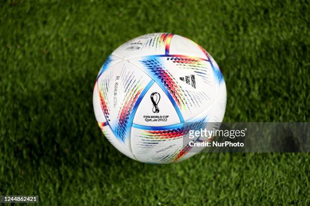 The official ball of FIFA World Cup Qatar 2022 is seen during the friendly football match between Portugal and Nigeria, at the Alvalade stadium in...