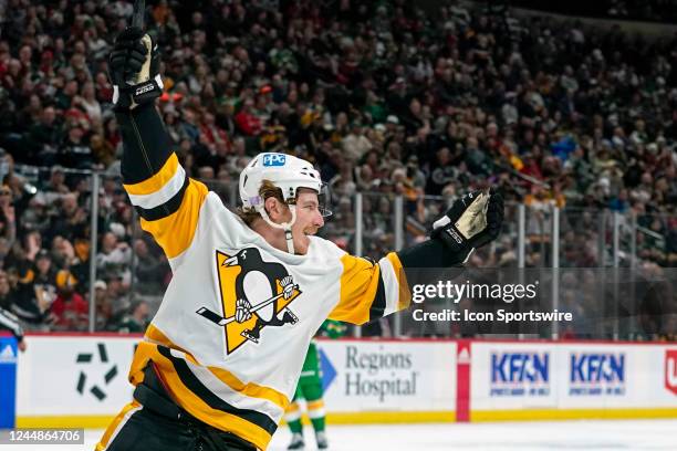 Pittsburgh Penguins Left Wing Brock McGinn celebrates his third period goal during a game between the Minnesota Wild and Pittsburgh Penguins on...