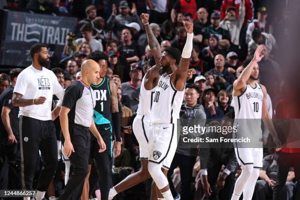 Royce O'Neal of the Brooklyn Nets celebrates during the game against the Portland Trail Blazers on November 17, 2022 at the Moda Center Arena in...