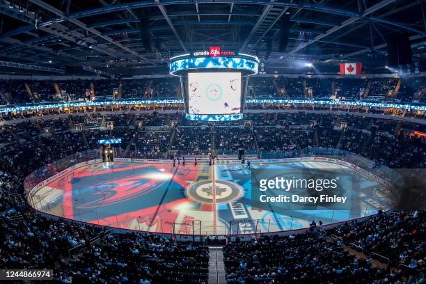 General view of the arena bowl on-ice projections prior to NHL action between the Winnipeg Jets and the Anaheim Ducks on Hall of Fame Night at the...