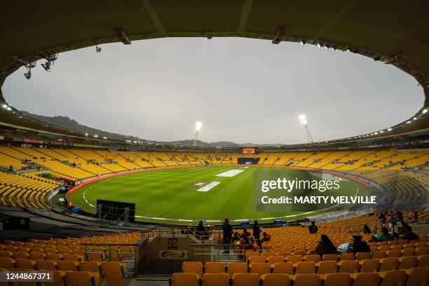 General view of Sky Stadium as rain delays play during the first Twenty20 cricket match between New Zealand and India in Wellington on November 18,...