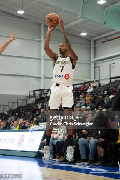 Elijah Hughes of the Wisconsin Herd shoots a three point basket during the game against the Motor City Cruise on November 17, 2022 at Wayne State...