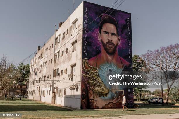 Mural of Lionel Messi in the neighborhood of La Bajada, made by Lisandro Urqueaga and Marlén Zuriaga in front of the school where he attended as a...
