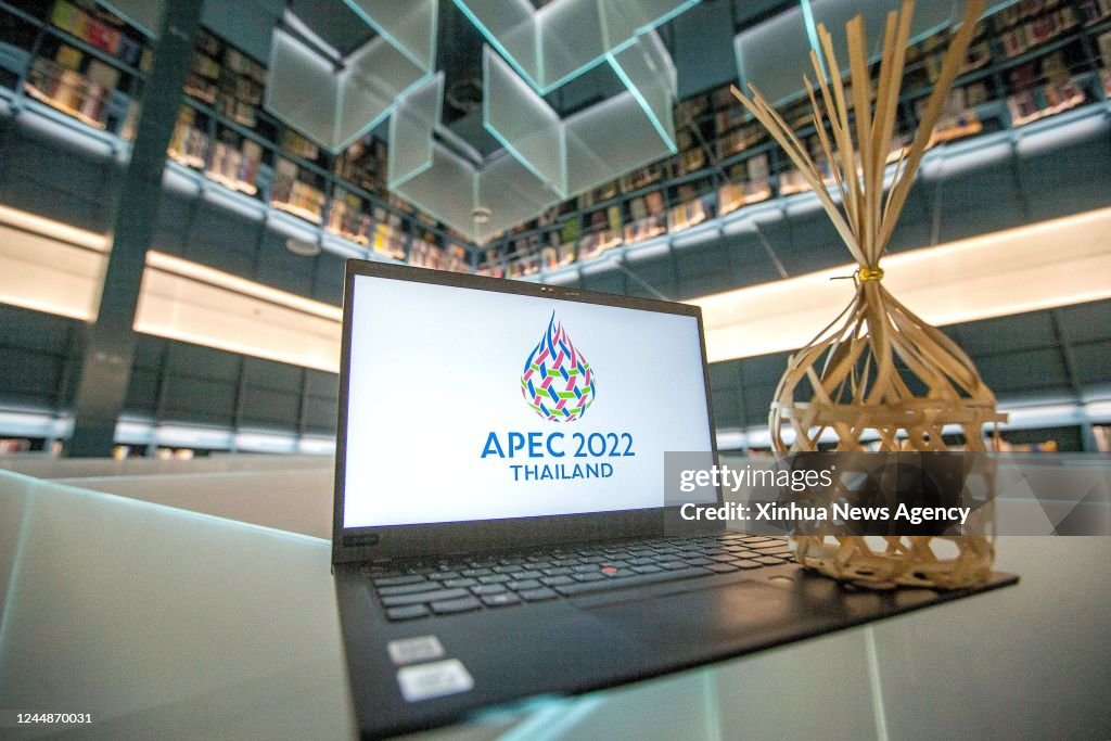 Apec Racket Logo This photo taken on Nov. 5, 2022 shows the logo for APEC 2022 and a ...