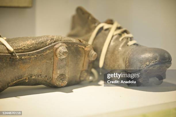 Shoes used by Uruguayan players in the championships of the year 1928, exhibited in the Football Museum located under the Centenario Stadium collects...