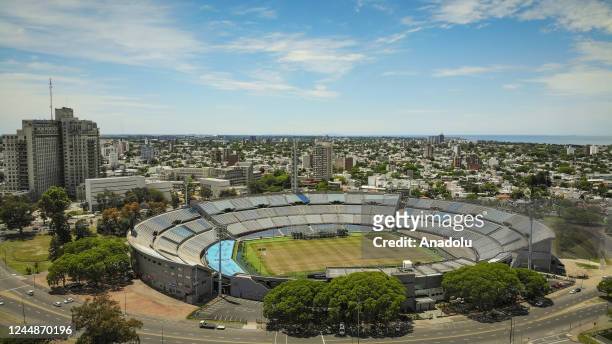Aerial view of the Centenario Stadium, located in the Parque Batlle neighborhood, surrounded by natural spaces and parks in Montevideo, Uruguay on...
