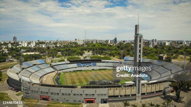 Aerial view of the Centenario Stadium, located in the Parque Batlle neighborhood, surrounded by natural spaces and parks in Montevideo, Uruguay on...