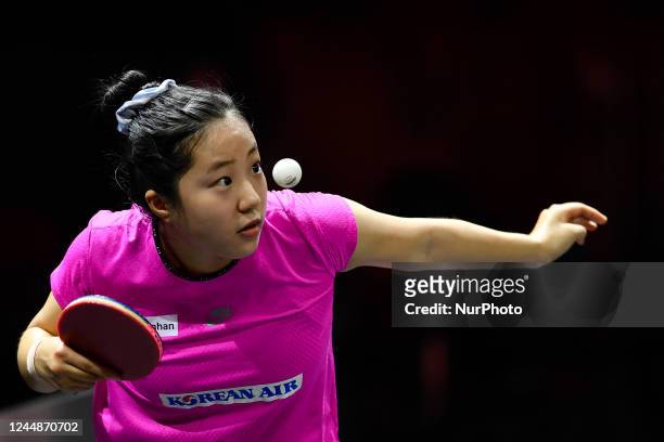 Yubin of Korea Republic serves her shot during day 2 of the womens singles 33rd ITTF-ATTU Asian Cup 2022 Bangkok at Huamark Indoor Stadium on...