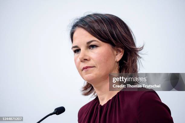 Annalena Baerbock, German Foreign Minister, speaks to the media during the UNFCCC COP27 climate conference on November 18, 2022 in Sharm El Sheikh,...