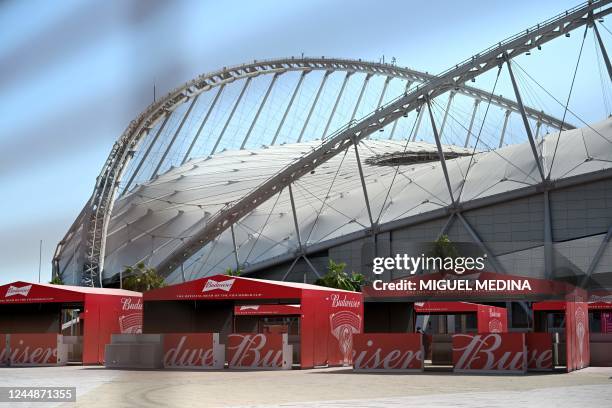 Budweiser beer kiosks are pictured at the Khalifa International Stadium in Doha on November 18 ahead of the Qatar 2022 World Cup football tournament....