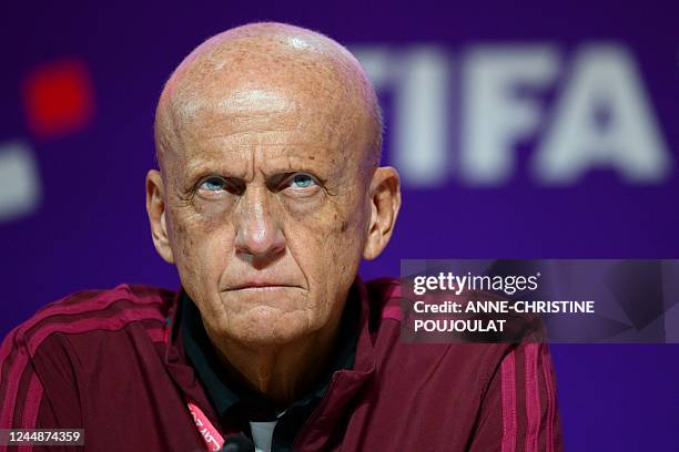 Referees committee chairman Pierluigi Collina looks on during a press conference at the Qatar National Convention Center in Doha on November 18 ahead...