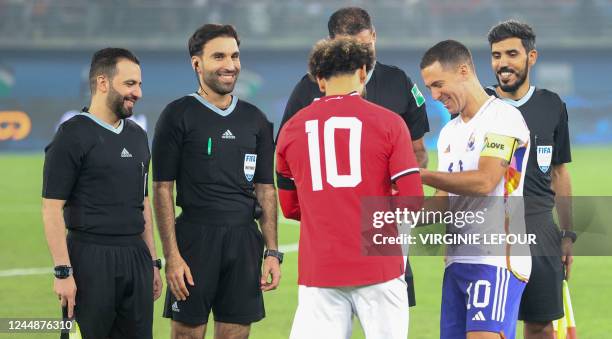 Egyptian Mohamed Salah and Belgium's Eden Hazard pictured at the start of a friendly soccer game of the Egyptian national soccer team against Belgian...