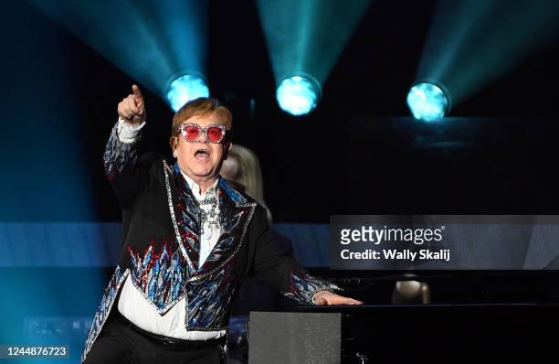 Los Angeles, California November 17, 2022-Elton John performs during his farewell tour at Dodger Stadium in Los Angeles Thursday.