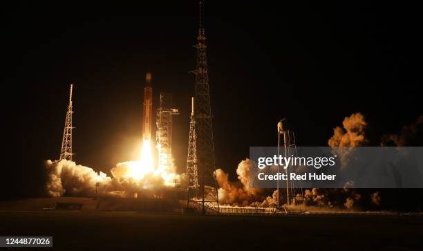 S Artemis 1 Space Launch System (SLS rocket, with the Orion capsule attached, launches at NASA's Kennedy Space Center on November 16, 2022 in Cape...