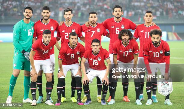 Egyptian's players pose for the photographer at a friendly soccer game of the Egyptian national soccer team against Belgian national soccer team the...