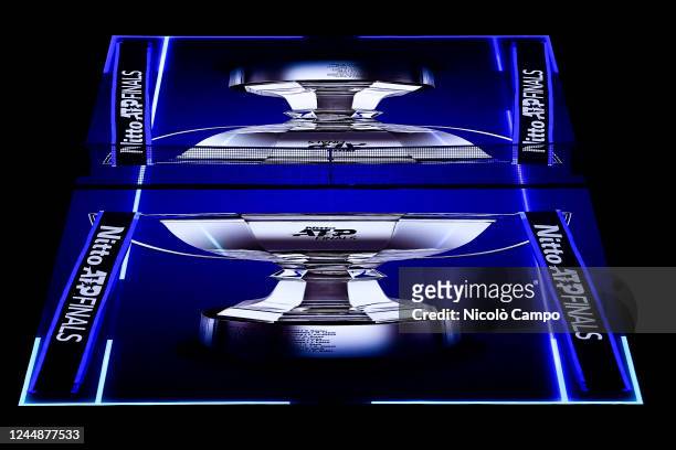 Lights show inside Pala Alpitour displays the Nitto ATP finals trophy into the tennis court prior to a match during day five of the Nitto ATP Finals.