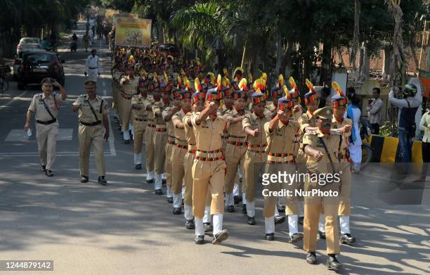 Assam police Jawan take part a March past to commemorate 400th birth anniversary celebrations of Ahom general Lachit Borphukan in Nagaon District of...