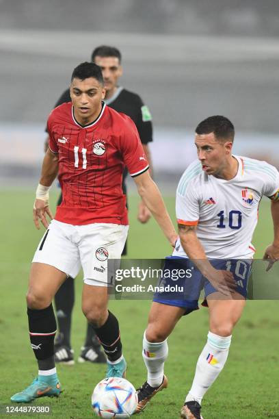 Mustafa Muhammed Ahmed Abdullah of Egypt competes against Eden Hazard of Belgium during the friendly match ahead of FIFA World Cup Qatar 2022, at...