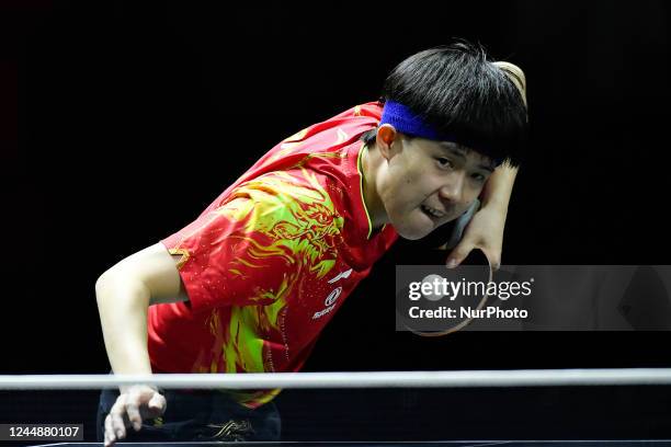 Chuqin of China serves his shot during day 2 of the mens singles 33rd ITTF-ATTU Asian Cup 2022 Bangkok at Huamark Indoor Stadium on November 18 in...