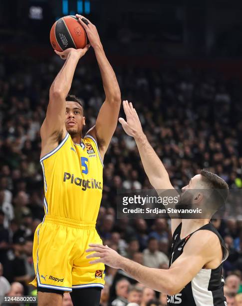 Wade Baldwin IV of Maccabi in action against Ioannis Papapetrou of Partizan during the 2022/2023 Turkish Airlines EuroLeague Regular Season Round 8...