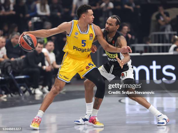 Wade Baldwin IV of Maccabi in action against Kevin Punter of Partizan during the 2022/2023 Turkish Airlines EuroLeague Regular Season Round 8 game...