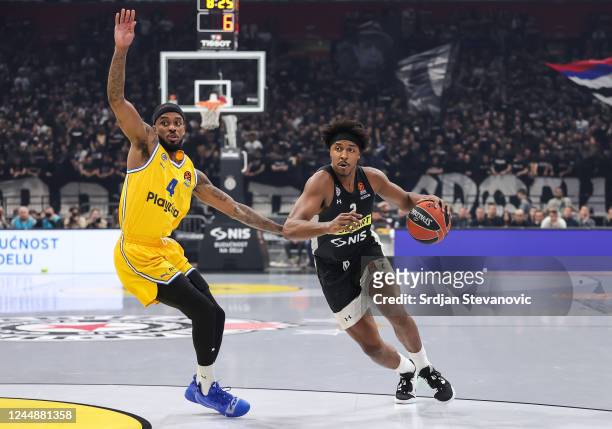 Zach LeDay of Partizan in action against Lorenzo Brown of Maccabi during the 2022/2023 Turkish Airlines EuroLeague Regular Season Round 8 game...