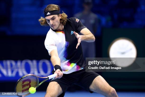 Stefanos Tsitsipas of Greece controls the ball at the match between Andrey Rublev of Russia and Stefanos Tsitsipas of Greece during day six of the...