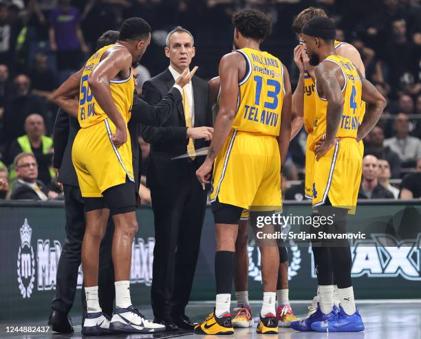 Head coach Oded Kattash of Maccabi speaks with players during the 2022/2023 Turkish Airlines EuroLeague Regular Season Round 8 game between Partizan...