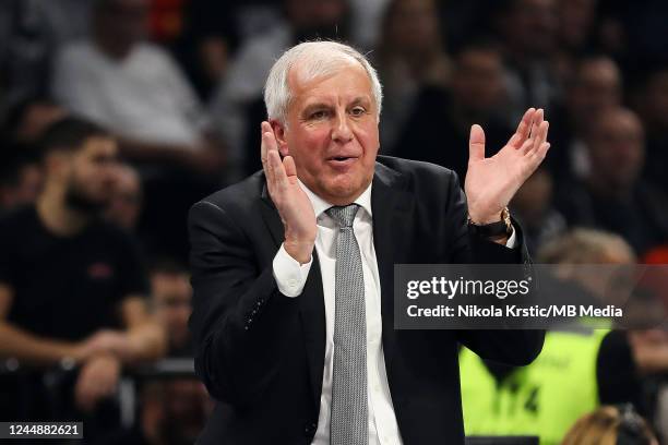 Head Coach Zeljko Obradovic of Partizan Mozzart Bet Belgrade reacts during the 2022/2023 Turkish Airlines EuroLeague Regular Season Round 8 match...