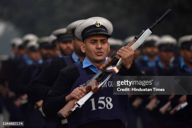 Indian Coast Guard personnel during the rehearsal parade for Republic Day, on November 18, 2022 in Noida, India.