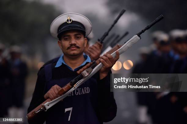 Indian Coast Guard personnel during the rehearsal parade for Republic Day, on November 18, 2022 in Noida, India.