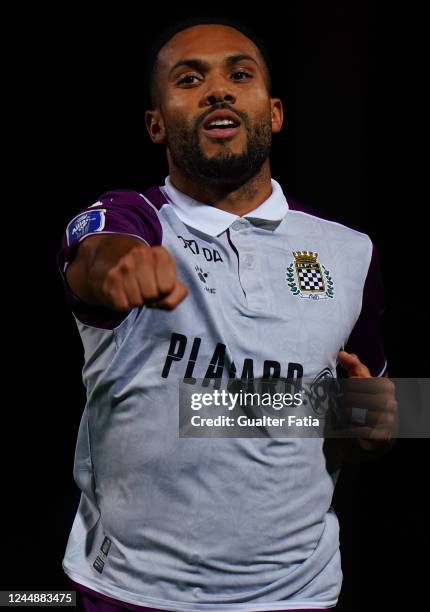 Kenji Gorre of Boavista FC celebrates after scoring a goal during the Allianz Cup match between Belenenses SAD and Boavista FC at Estadio Nacional on...