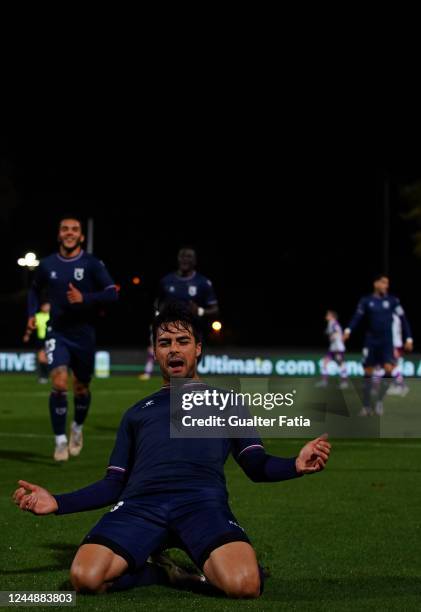 Brian Saramago of Belenenses SAD celebrates after scoring a goal during the Allianz Cup match between Belenenses SAD and Boavista FC at Estadio...